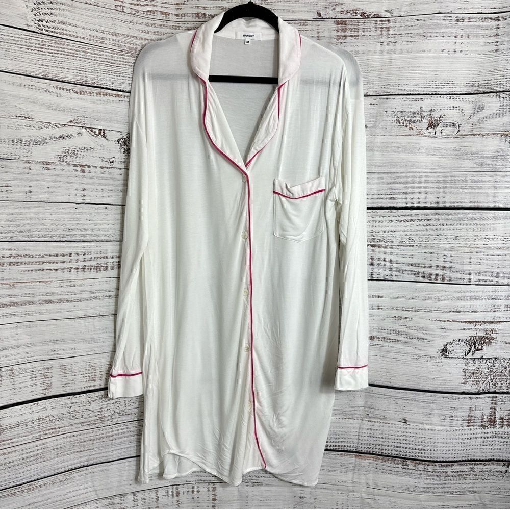 Marigot pj Womens‎ size Medium Sleep shirt Button Up White pink Trim Model Blend